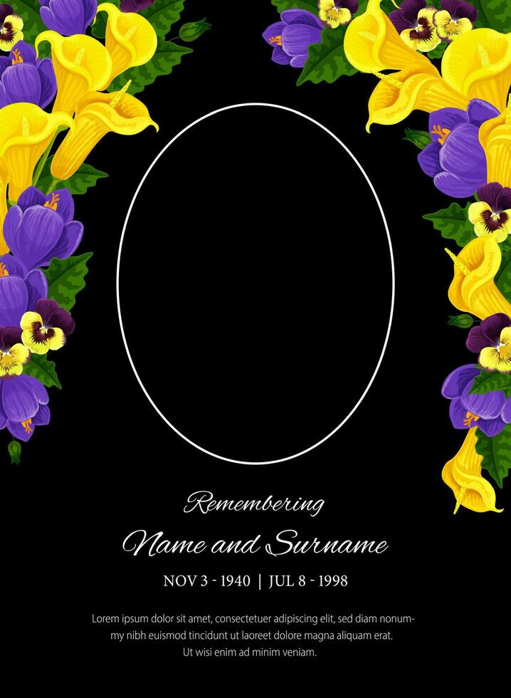 Funeral card vector template, condolence frame