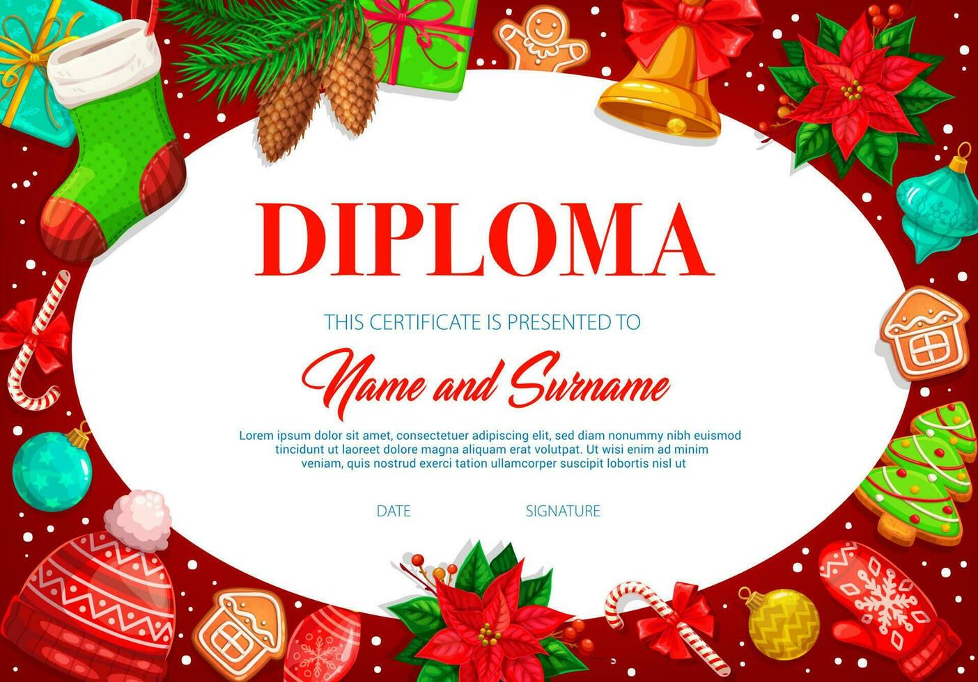 Kids diploma vector template with christmas things