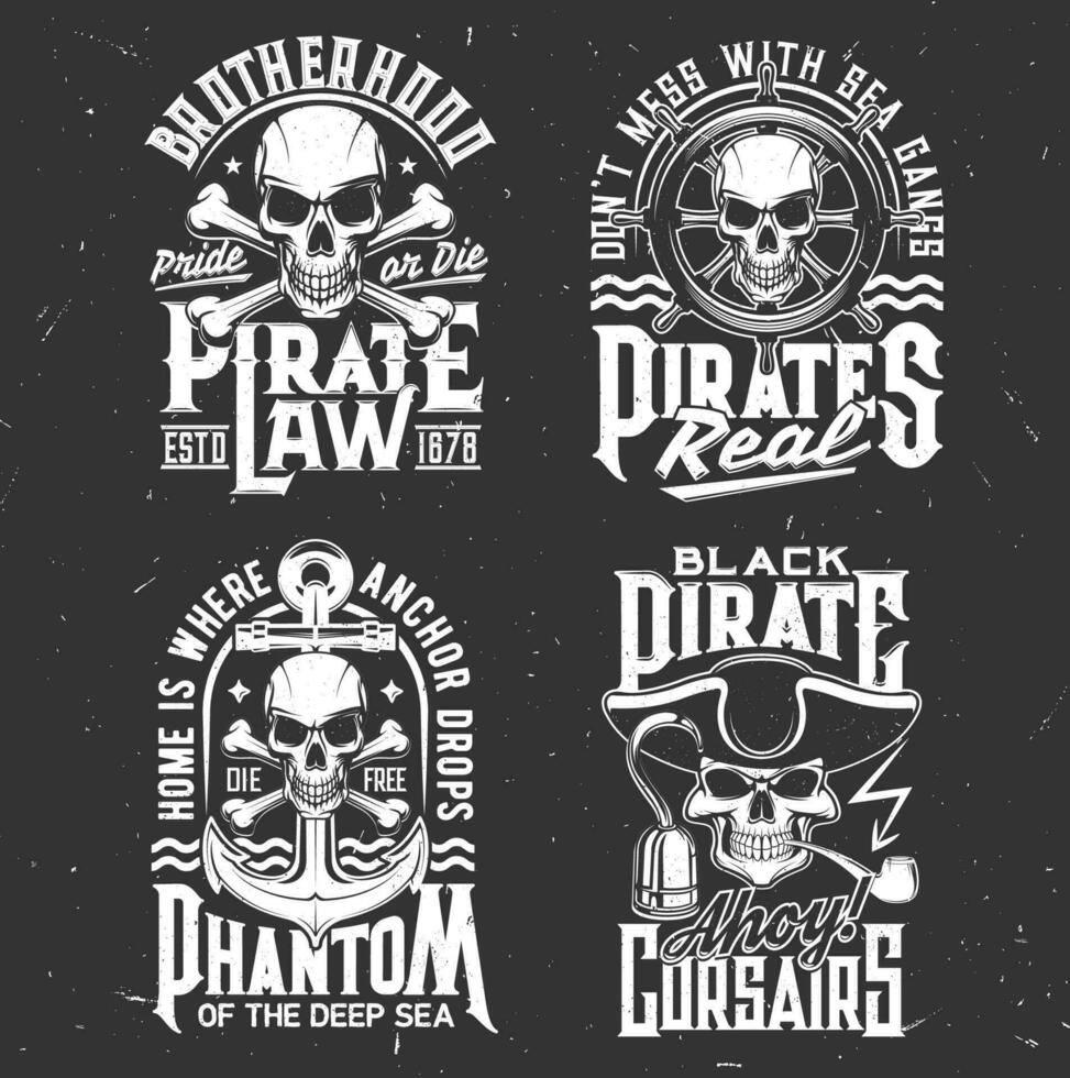 piratas calaveras y huesos camiseta retro huellas dactilares vector