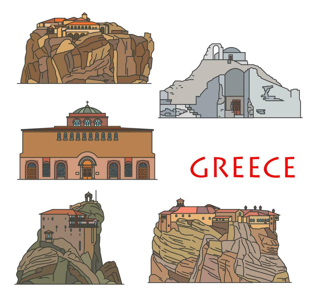 Greece architecture landmarks in Saloniki, Mykonos vector