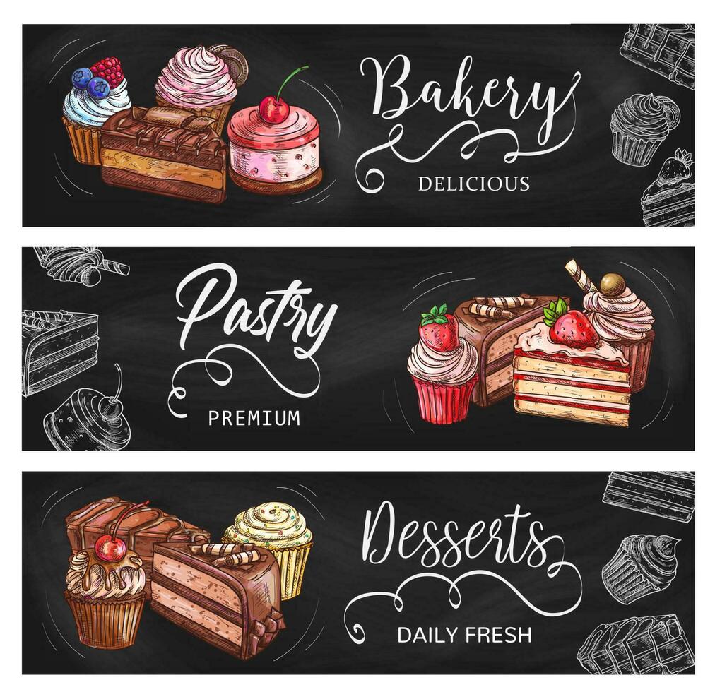 Cakes and cupcakes vector sketch banners set.