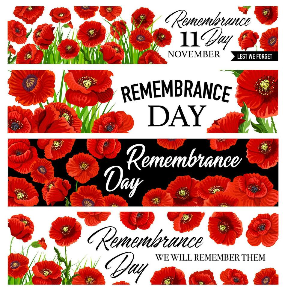 11 November Remembrance Day banners with poppies vector