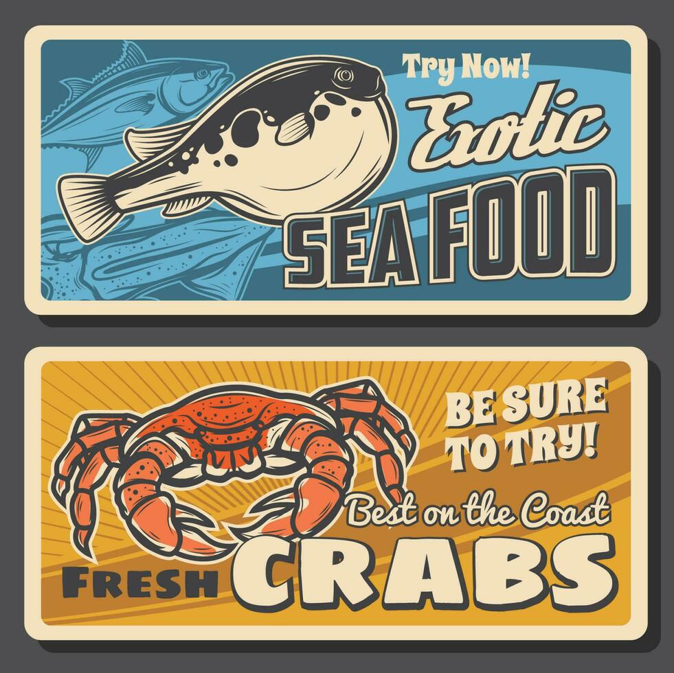 Fugu fish and fresh crabs seafood vector banners