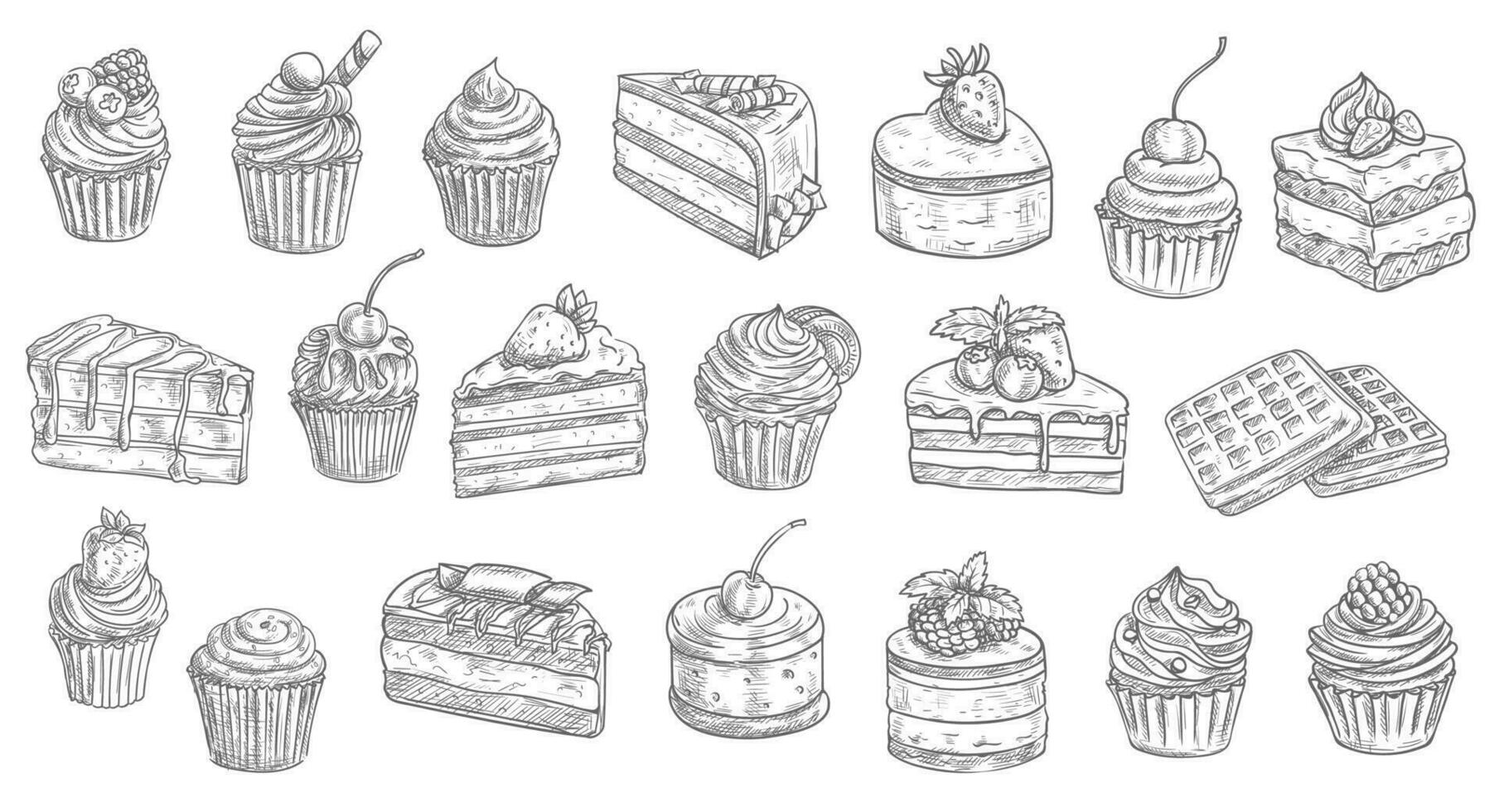 Cakes, cheesecakes sketch pastry dessert sweets vector