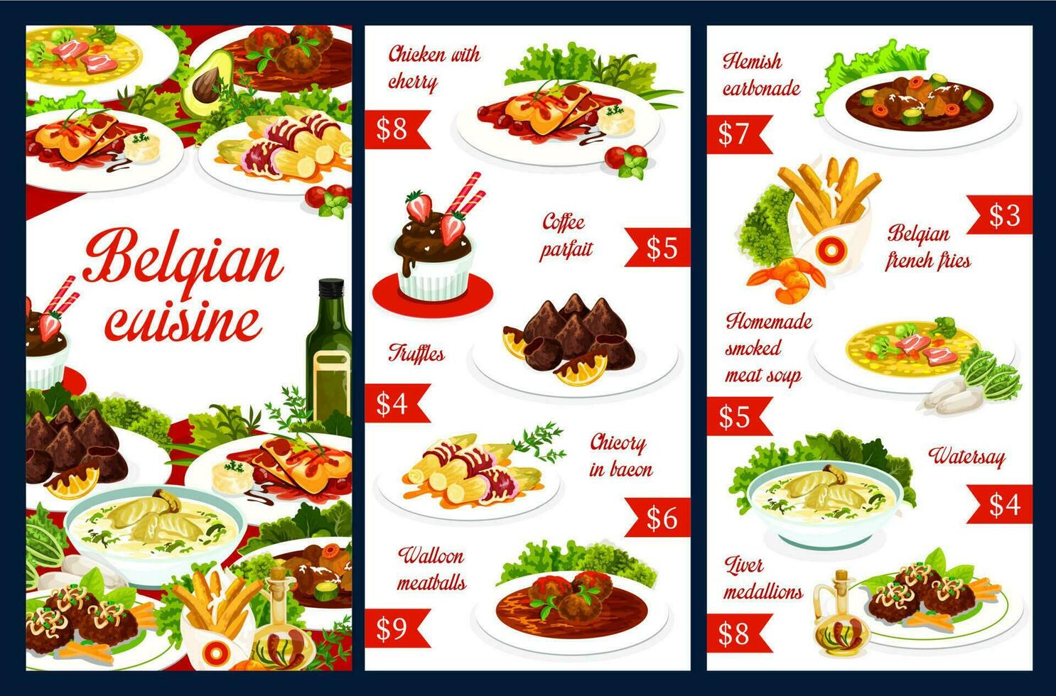 Belgian cuisine food menu dish, Belgium restaurant vector