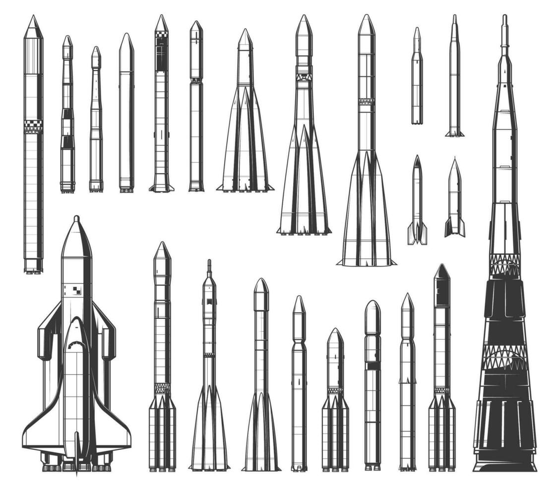 Space rockets, shuttle carrier and missiles vector