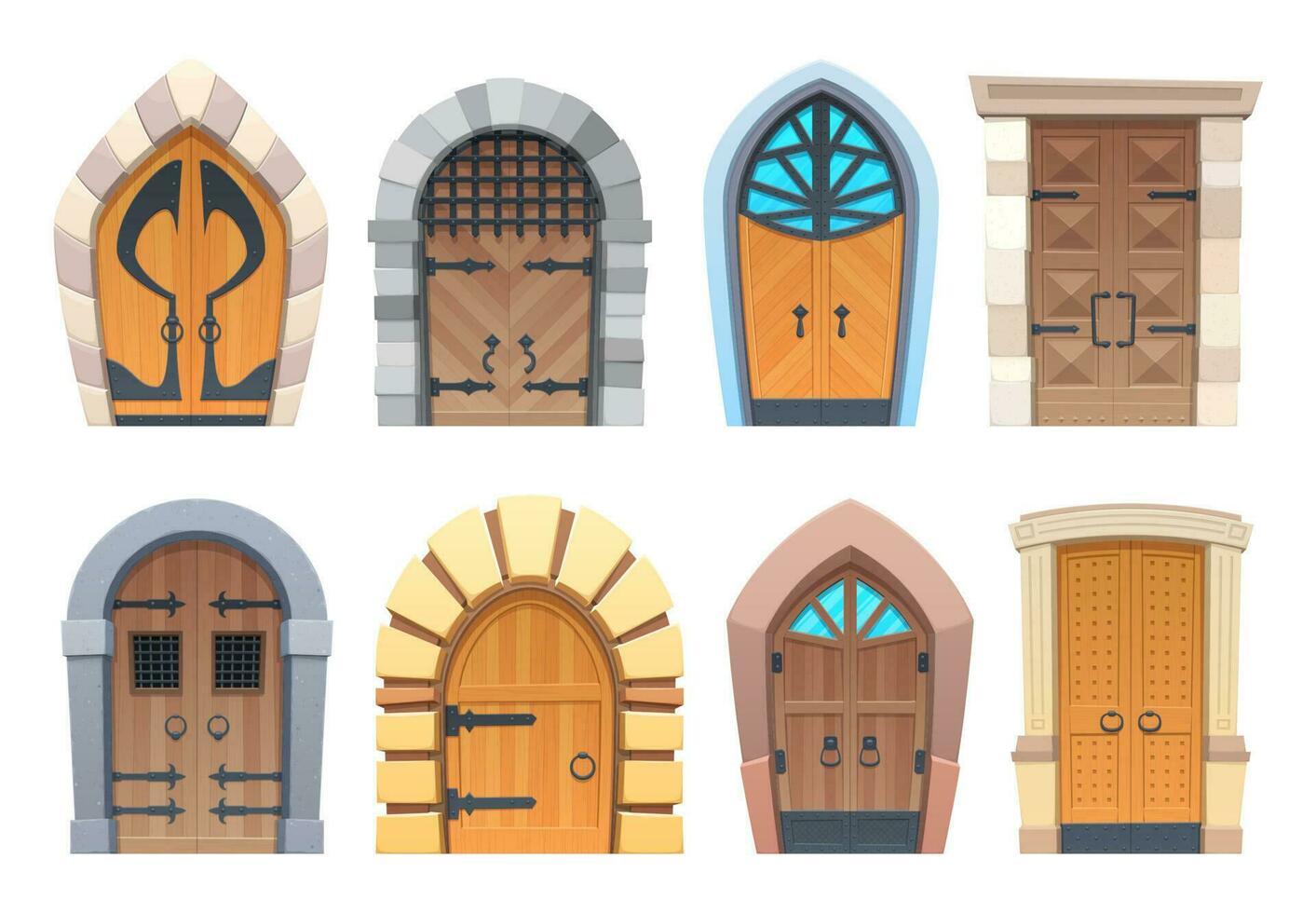 Cartoon gates and doors, wooden and stone entries vector