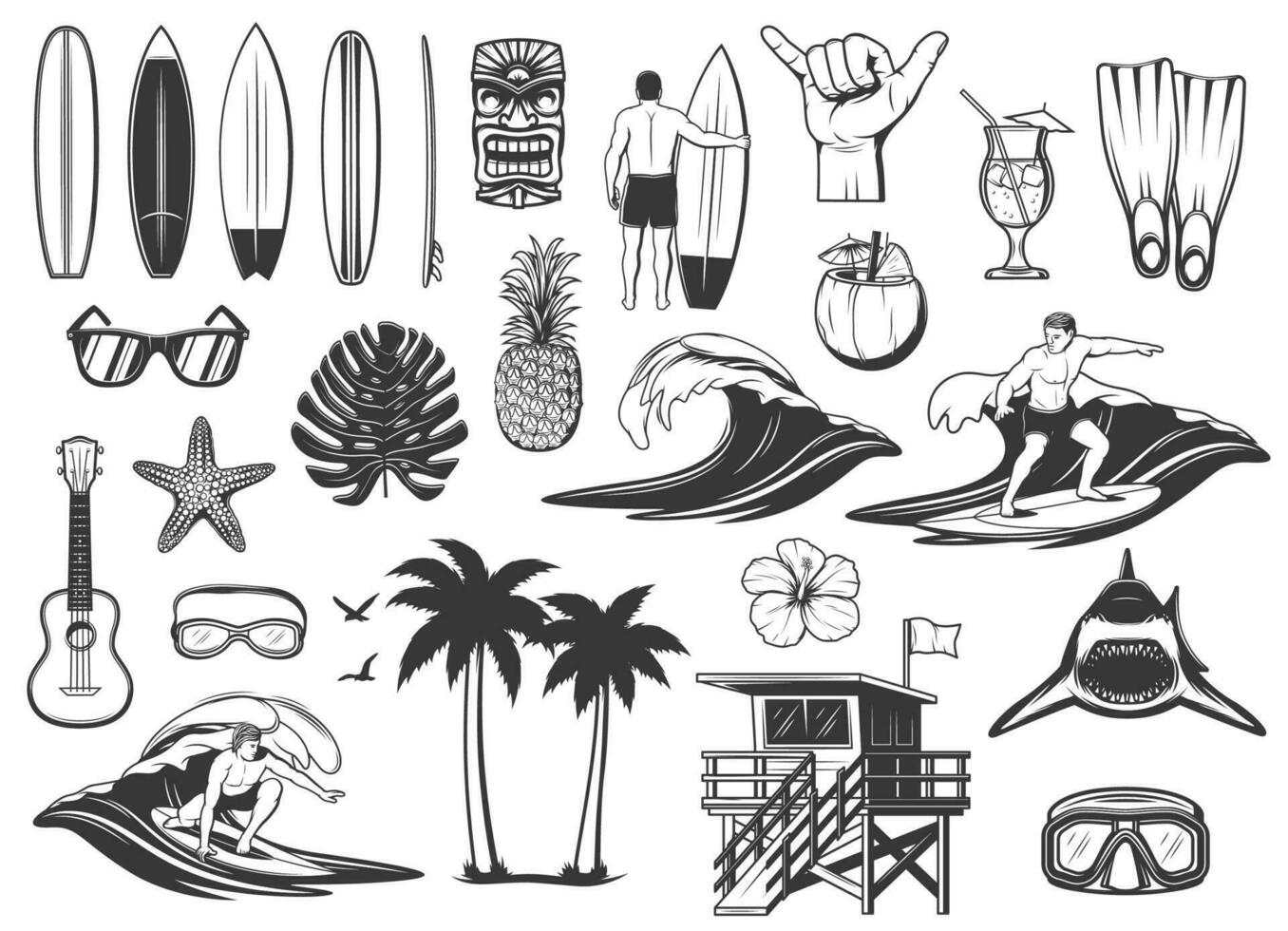 Surfing and tropical beach vacation vector icons