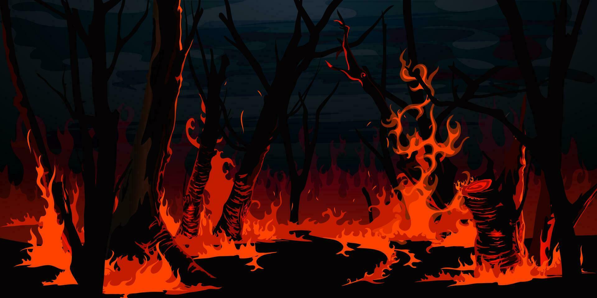 Forest fire, burning trees at night wood, wildfire vector