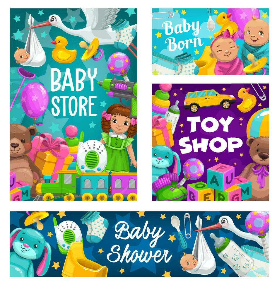 Baby shower, toys shop, kids store cartoon vector