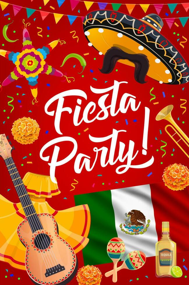 Mexican sombrero, guitar and maracas, fiesta party vector