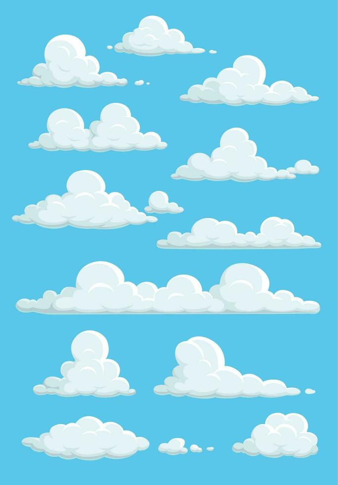 Cartoon clouds in blue sky isolated vector icons