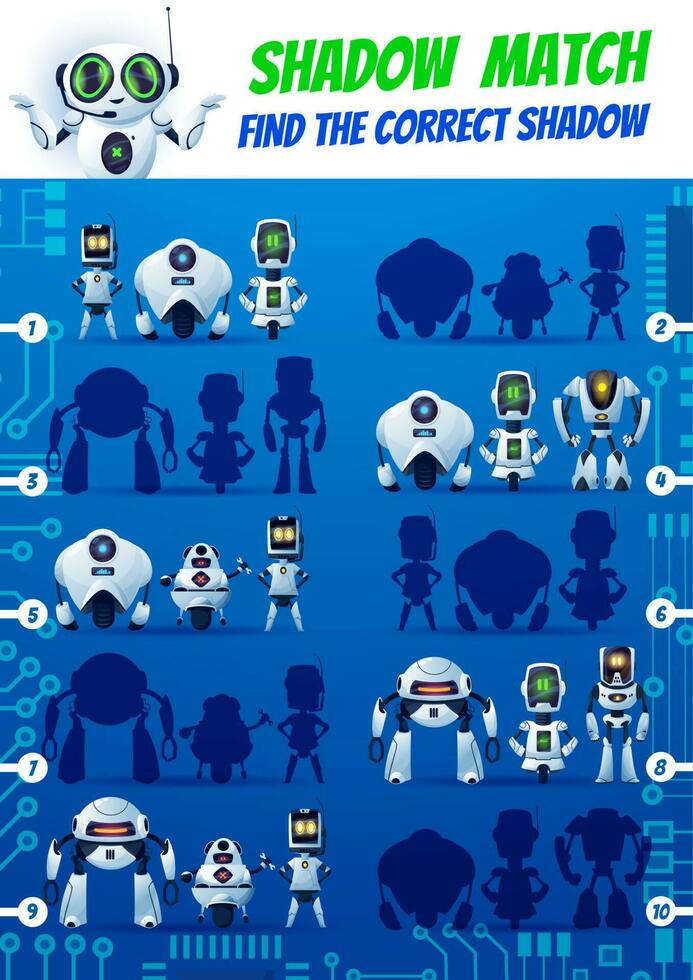 Shadow match kids game funny robots on motherboard vector