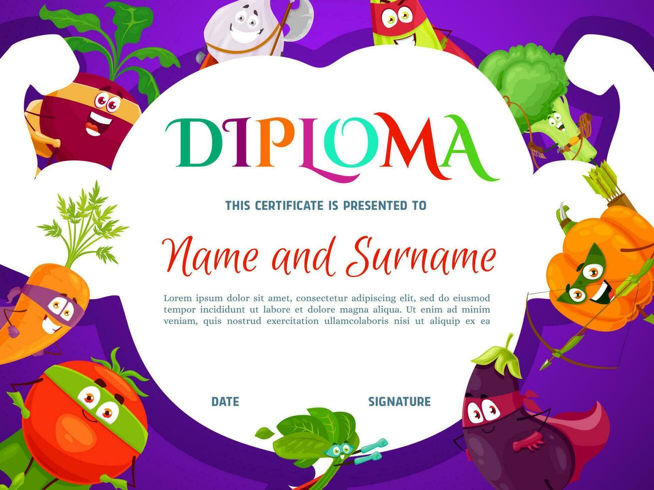 Diploma certificate template, superhero vegetables vector