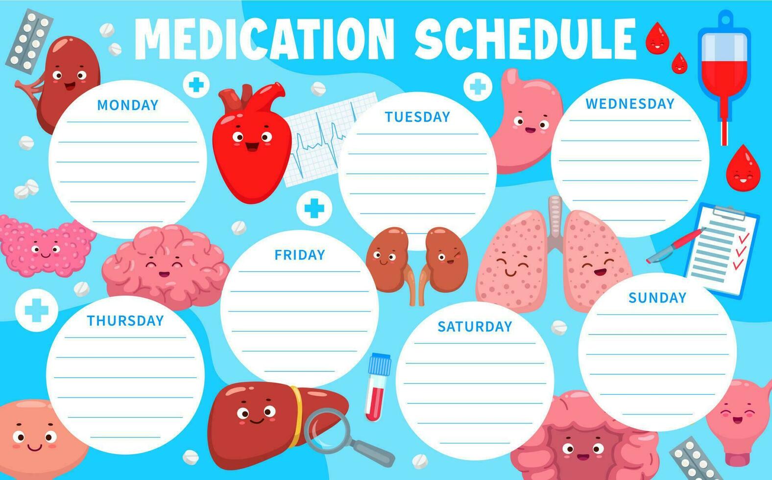 Medication schedule cartoon body organ characters vector