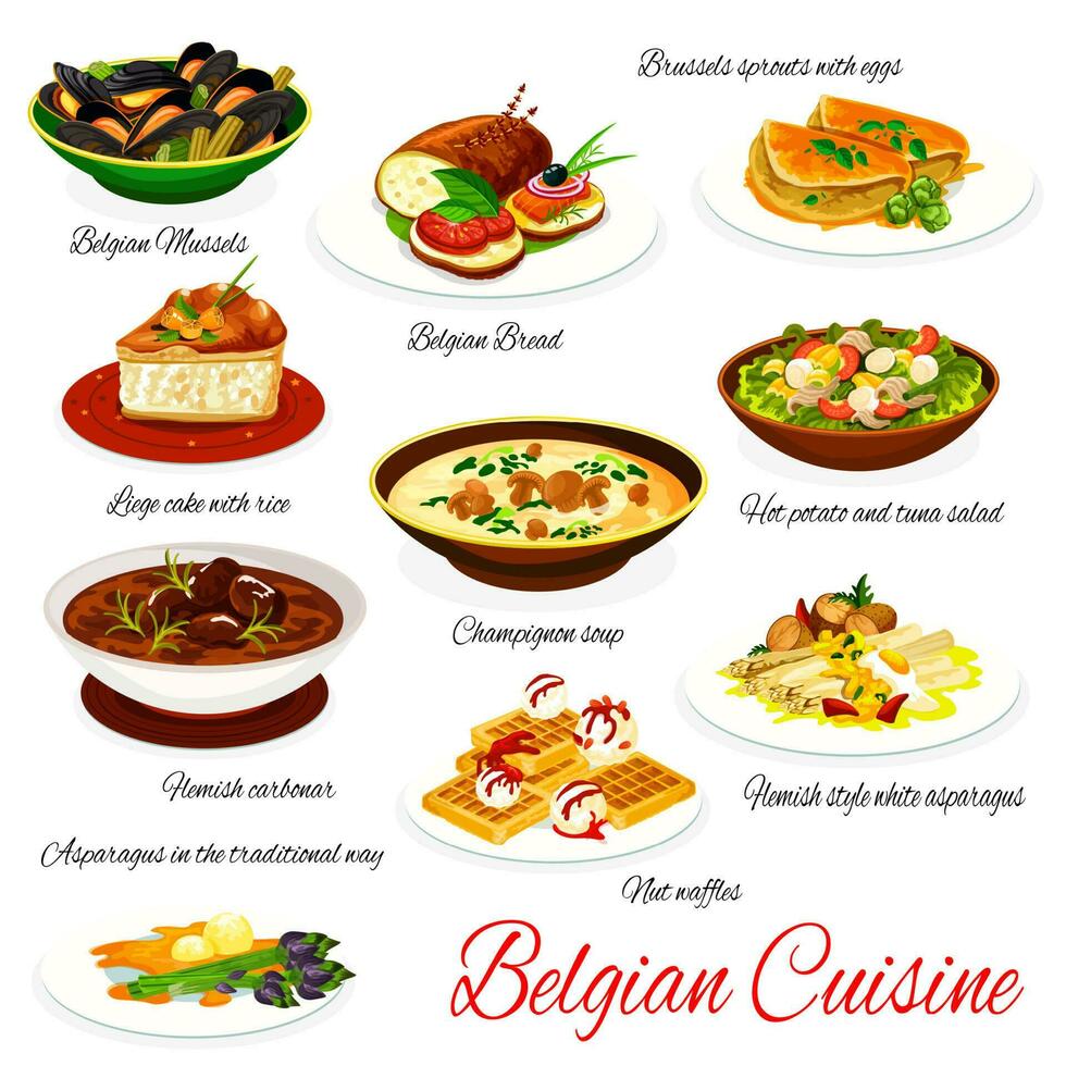 Belgian cuisine vector menu meals, Belgium dishes
