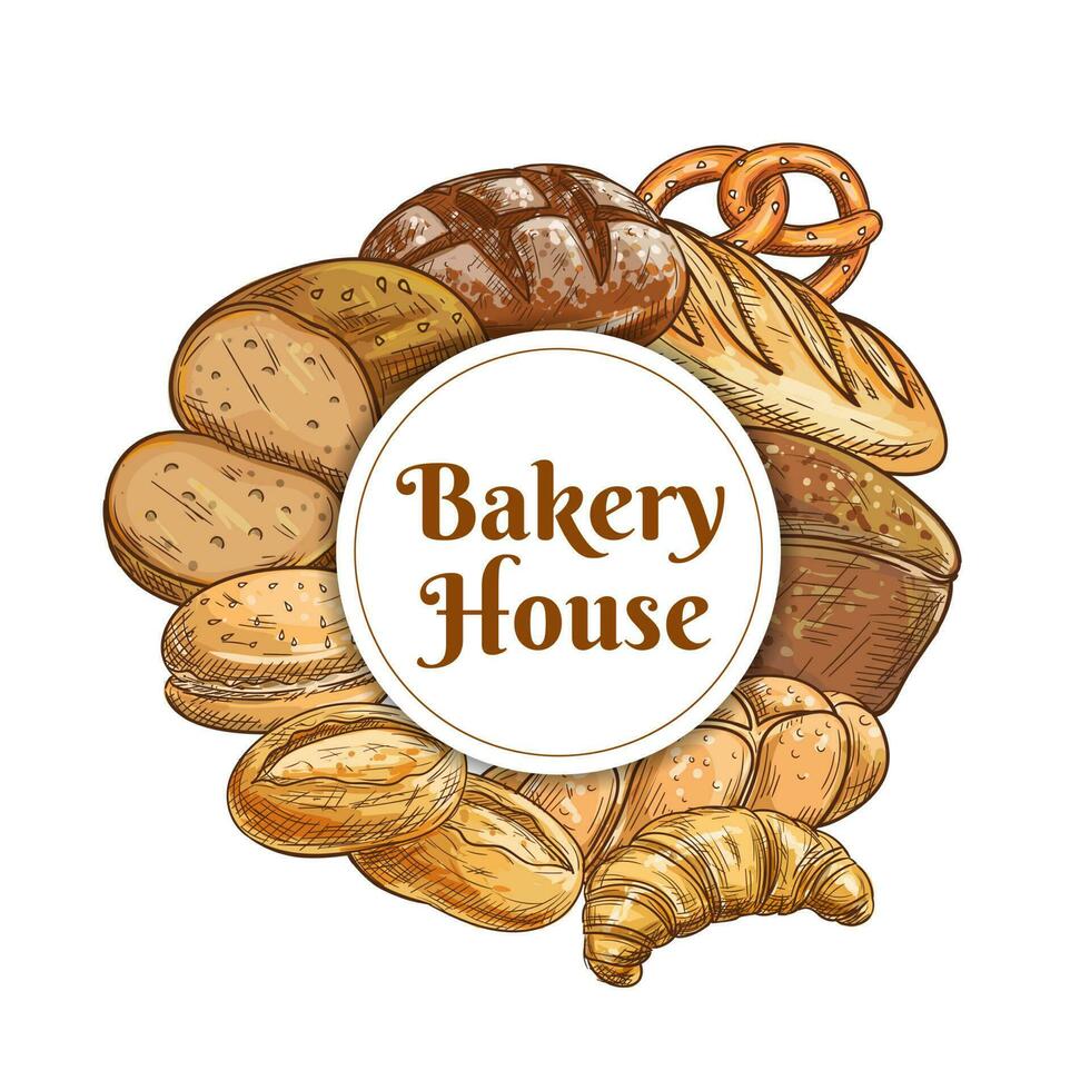 Bakery house and pastry shop food, bread sketches vector