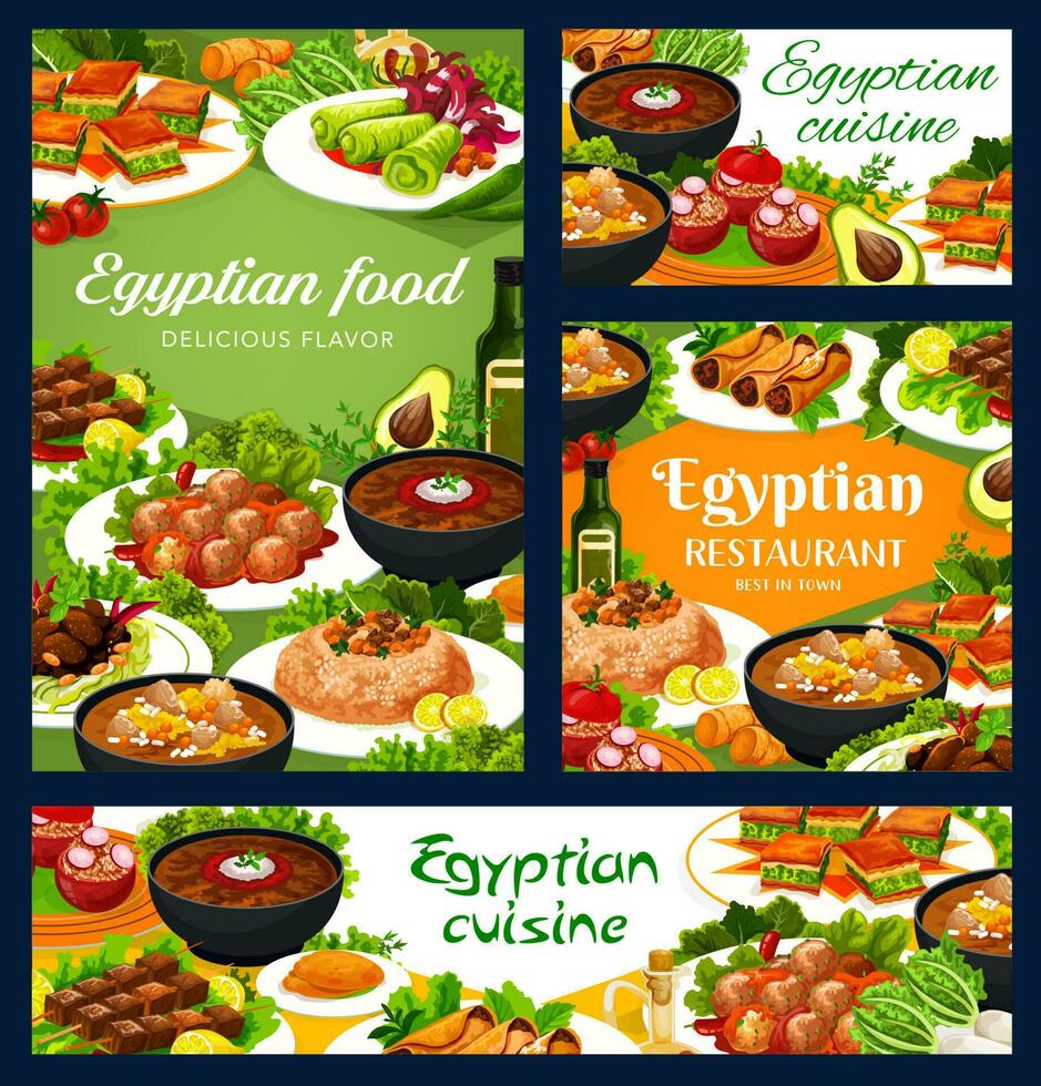 egipcio cocina carne, vegetariano comidas vector bandera
