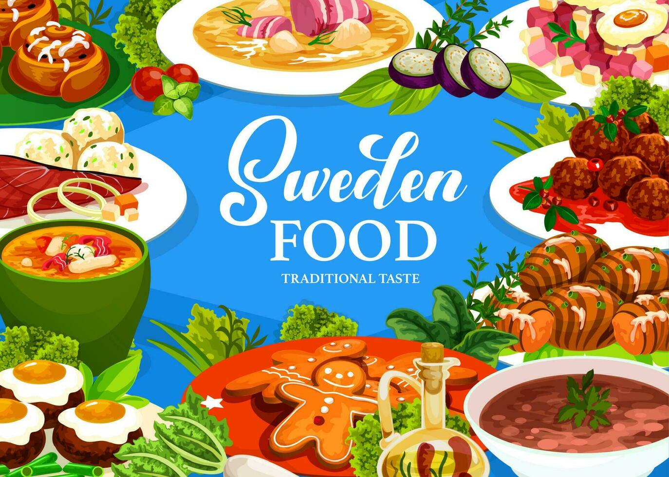 Suecia comida vector póster con sueco comidas.