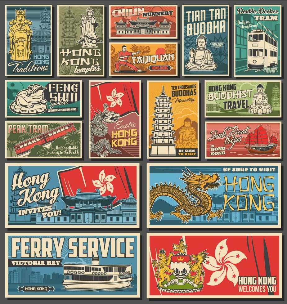 Hong Kong travel and landmark banners vector