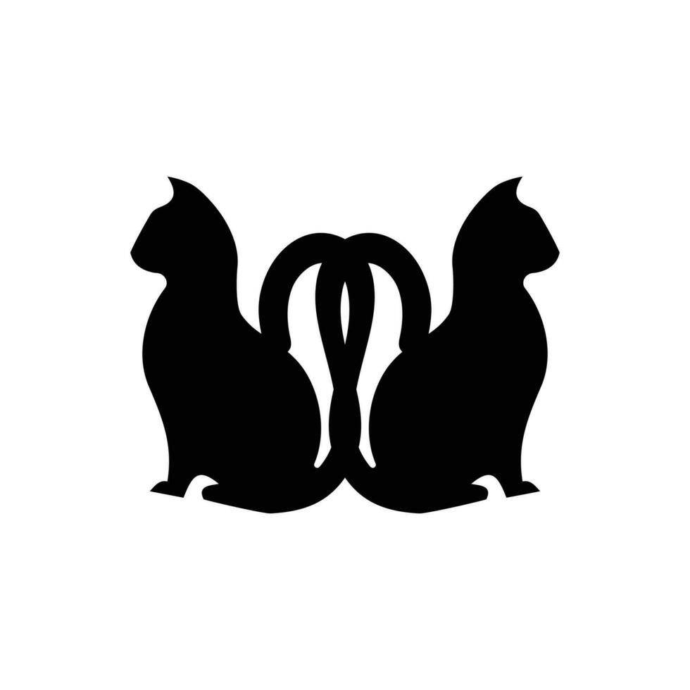 Two happy cats silhouettes. Simple ink drawing sitting cats cute vector illustration. Doodle animals icons minimalistic line art.