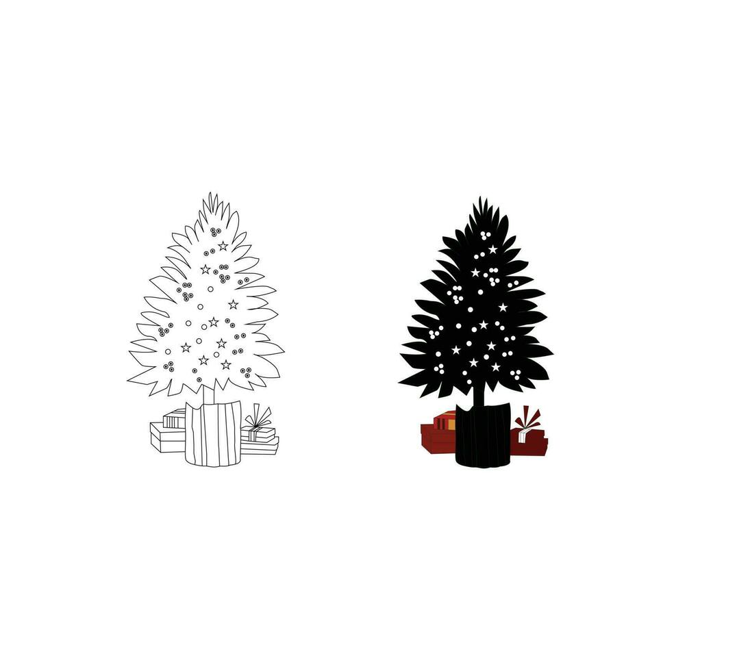 icono de línea de árbol de navidad, contorno de conífera decorado y signo de vector relleno, pictograma lineal y completo aislado en blanco, ilustración de logotipo