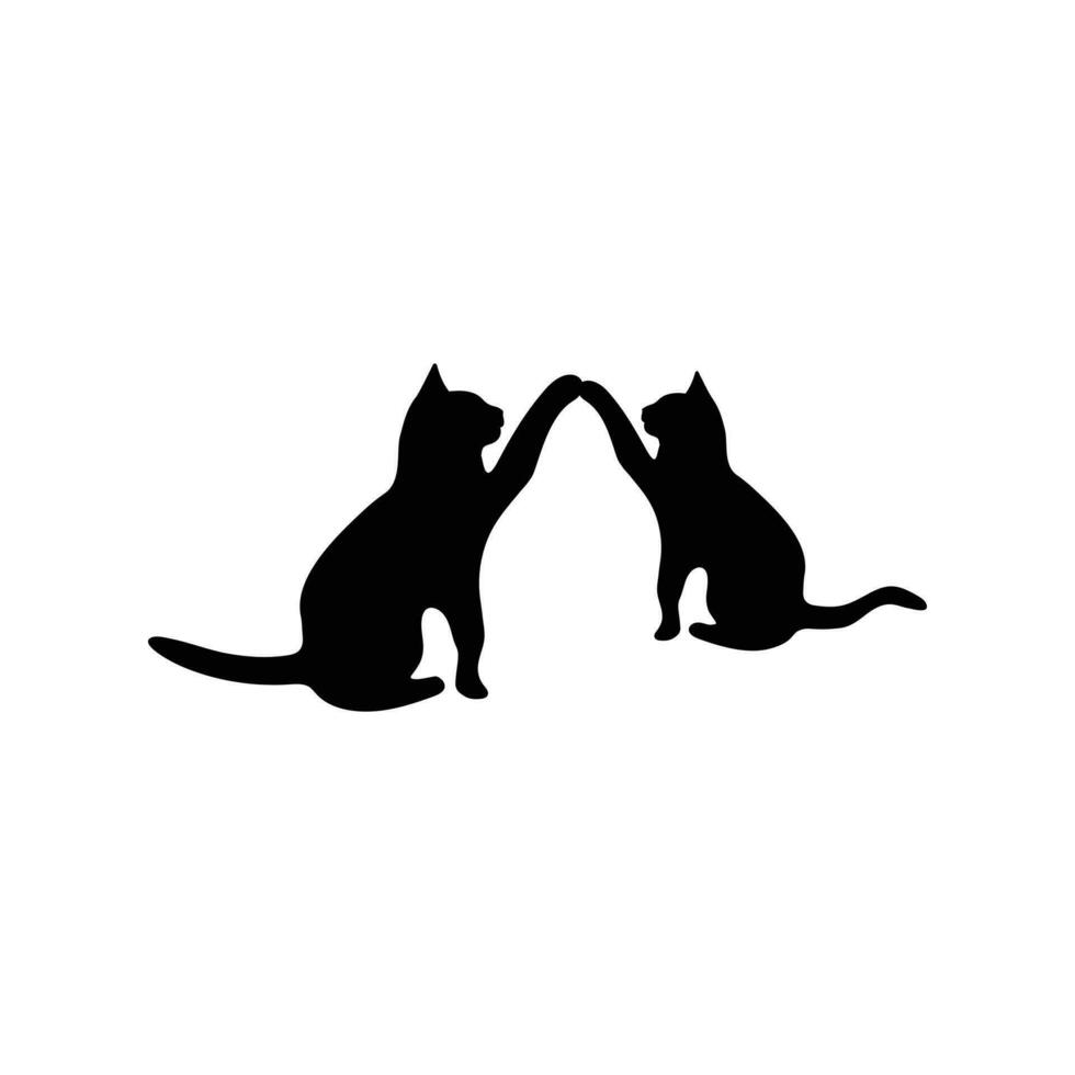 two happy cats silhouettes. Simple ink drawing sitting cats cute vector illustration. Doodle animals icons minimalistic line art.