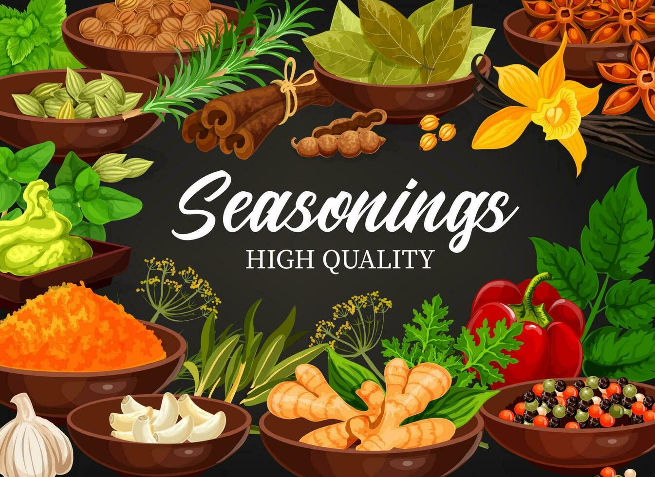 Seasonings vector herbs, spices and condiments