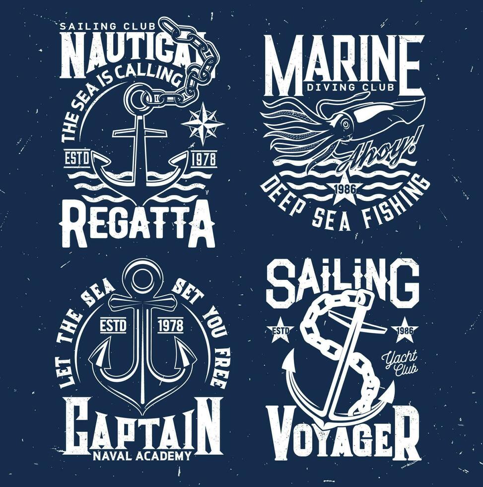Tshirt prints with anchors and squid, sea regatta vector
