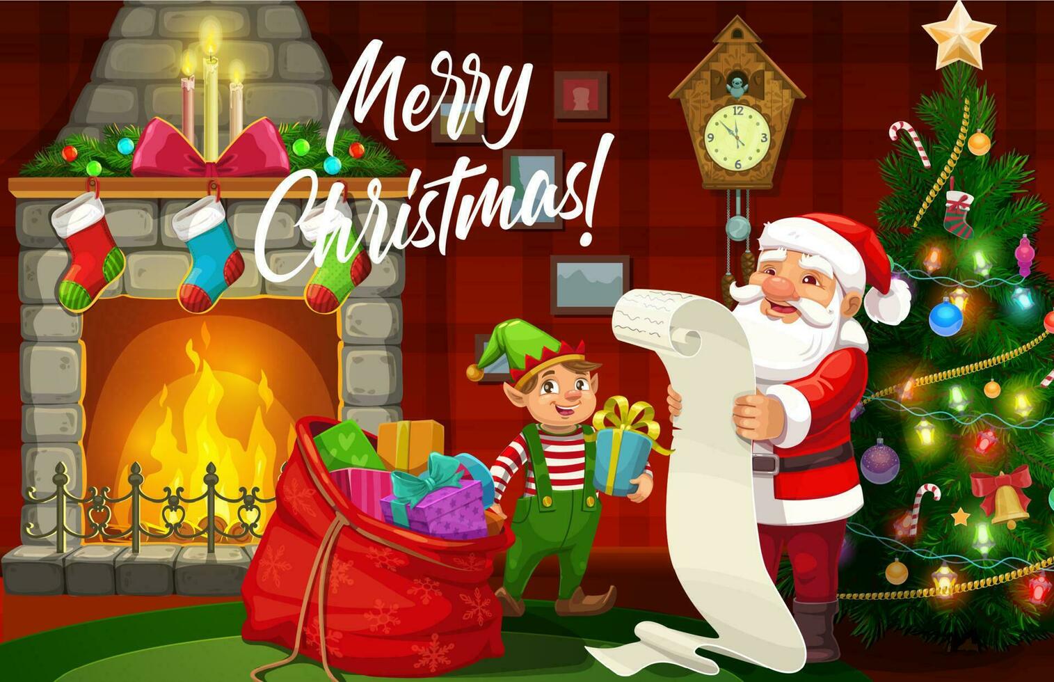 Santa and elf with Christmas gifts and Xmas tree vector