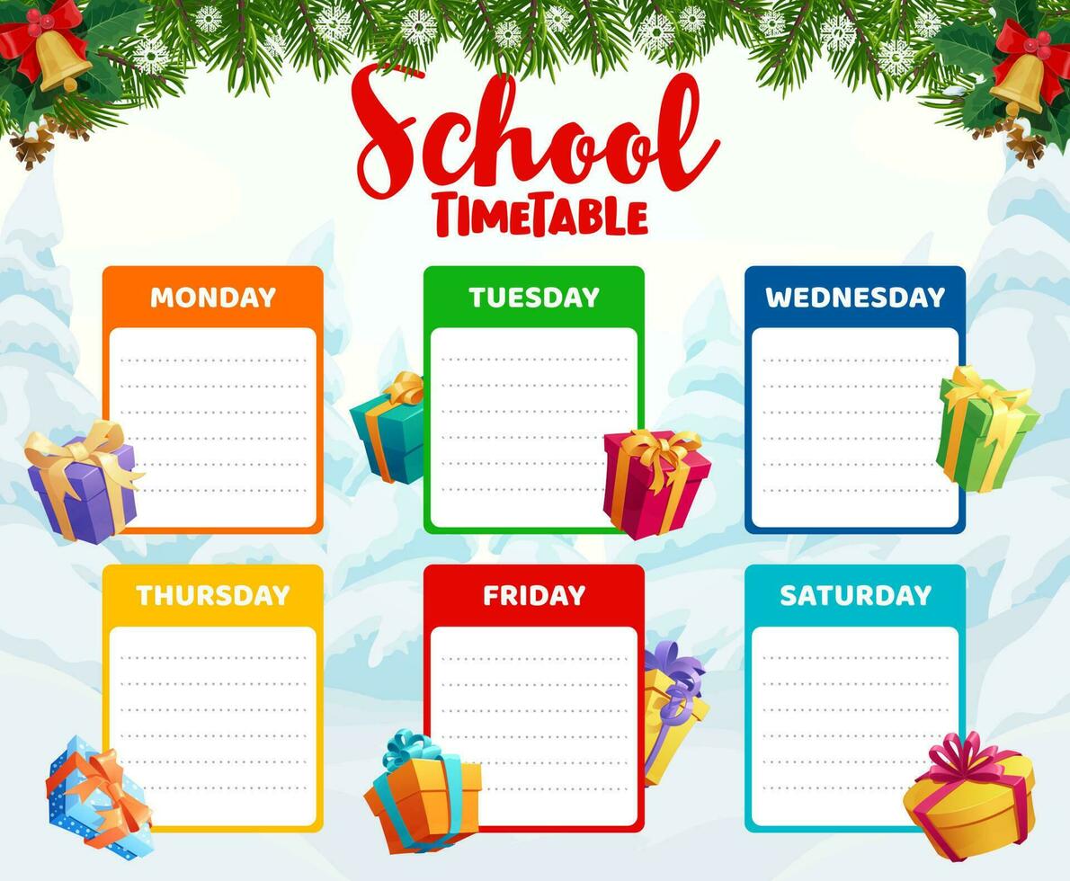 School timetable template with Christmas gifts vector