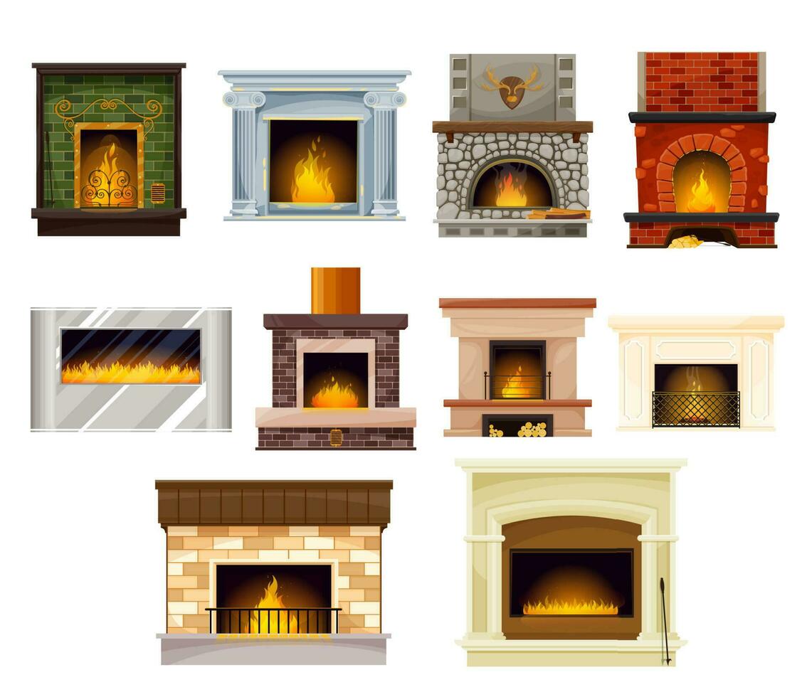 Home fireplaces with fire set, interior design vector
