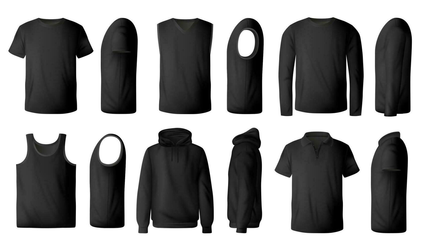 Mens t-shirt, pullover and hoodie realistic mockup vector