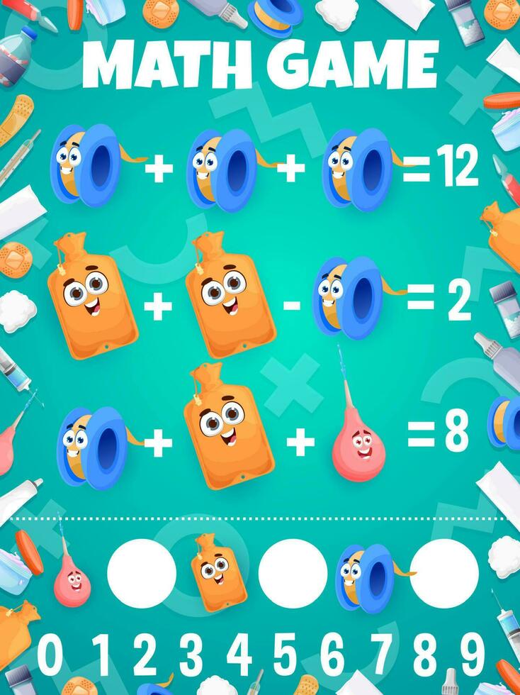Math game worksheet cartoon adhesive patch, enema vector