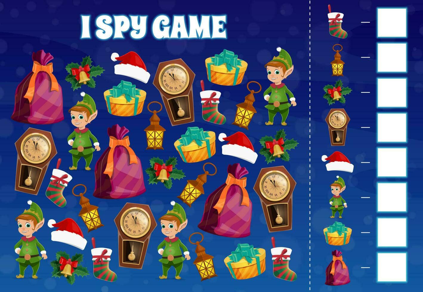 niño yo espía juego con Navidad elfos y decoraciones vector