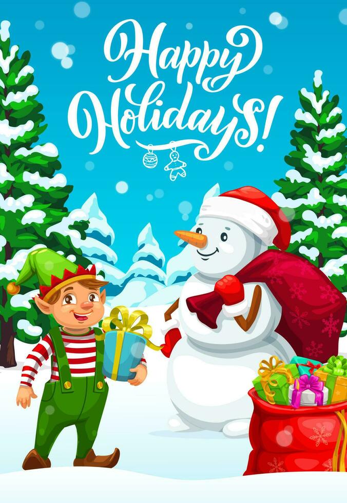 Snowman and Xmas elf with Christmas gift bag vector