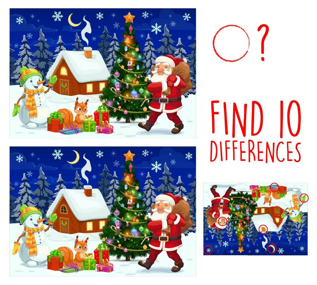 Kid game find ten differences Christmas characters vector