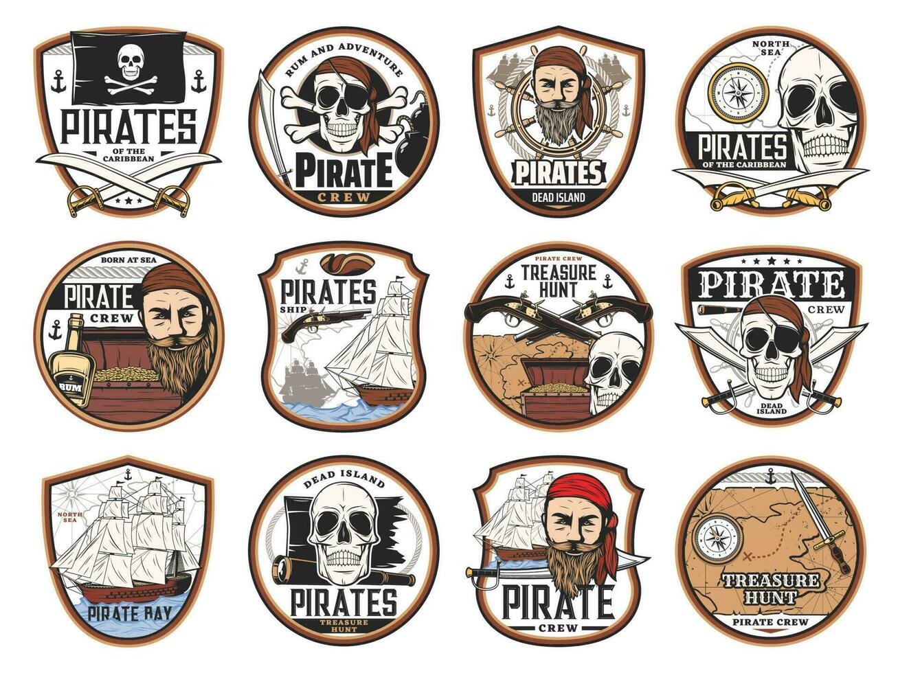 Pirate and corsair icons, skulls, captains, ships vector
