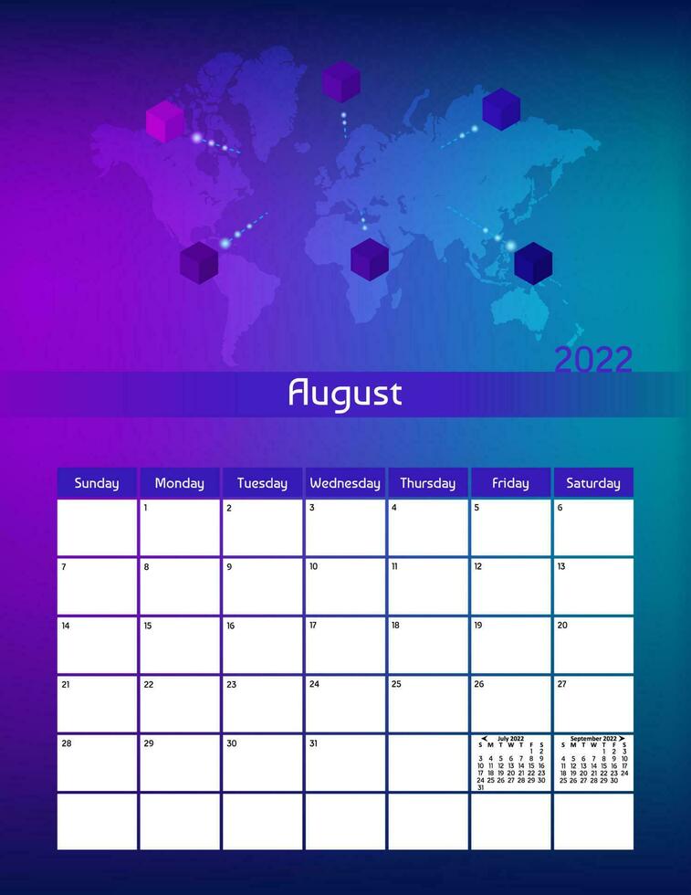 nosotros letra papel Talla vector futurista mensual planificador calendario agosto 2022 semana empieza en domingo. vertical tecnología organizador, hábito rastreador con mundo mapa y cubitos. vistoso moderno ilustración.