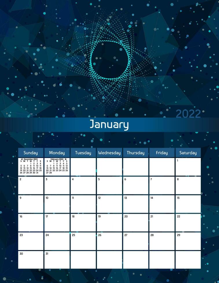Us letter paper size vector futuristic monthly planner calendar January 2022 week starts on Sunday. Vertical technology organizer, habit tracker. Colorful modern illustration.