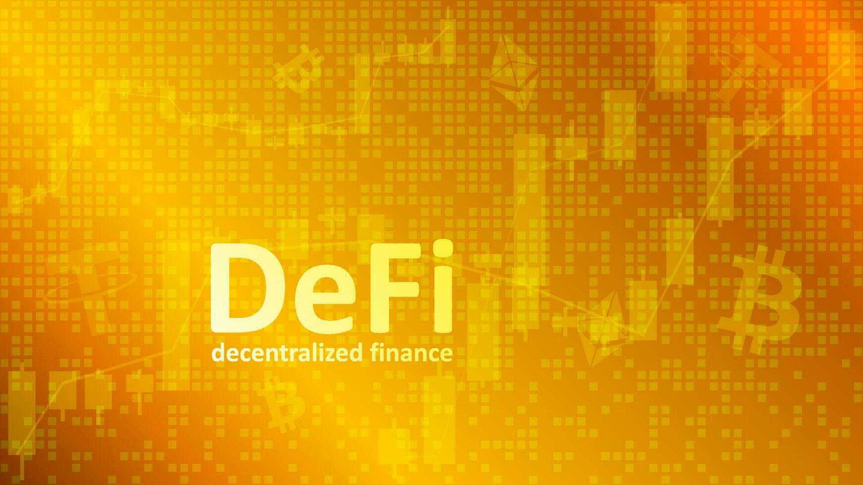 Defi decentralized finance on golden background with graphs and coin symbols. An ecosystem of financial applications and services based on public blockchains. Vector EPS 10.