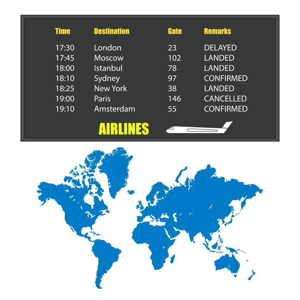 información tablero con vuelo calendario y lleno mundo mapa aislado en blanco. mundo mapa en azul. en el marcador texto y avión. vector eps10.