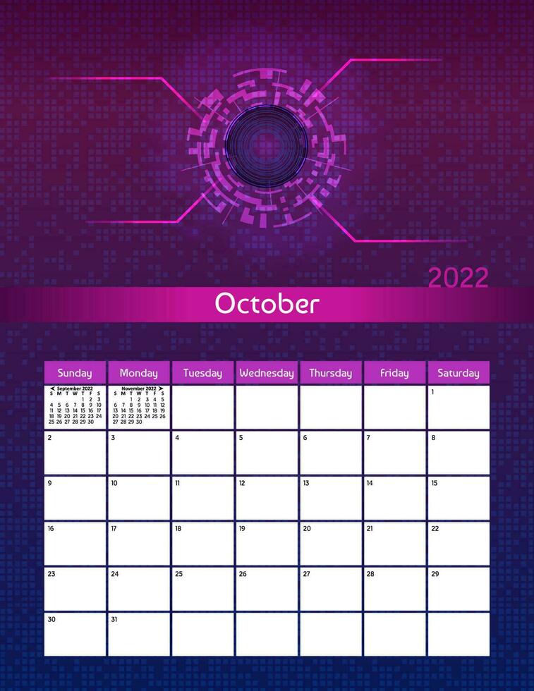 Us letter paper size vector futuristic monthly planner calendar October 2022 week starts on Sunday. Vertical digital technology organizer, habit tracker. Colorful modern illustration.