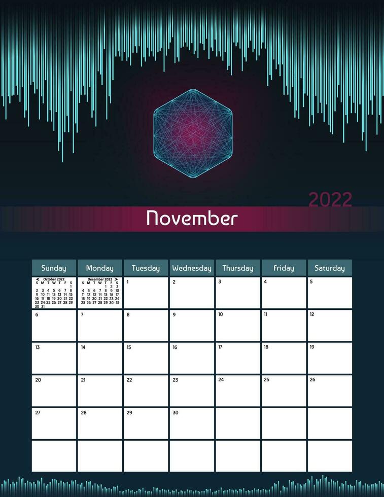 Us letter paper size vector futuristic monthly planner calendar November 2022 week starts on Sunday. Vertical digital technology organizer, habit tracker. Colorful modern illustration.