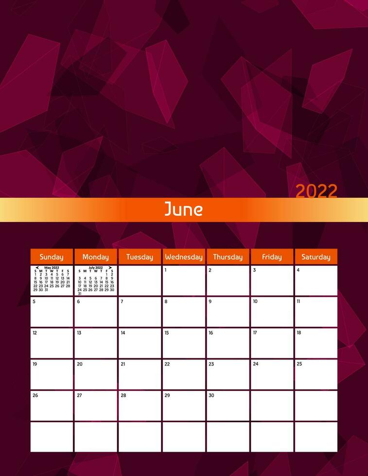 Us letter paper size vector futuristic monthly planner calendar June 2022 week starts on Sunday. Vertical polygonal organizer, habit tracker. Colorful modern illustration.