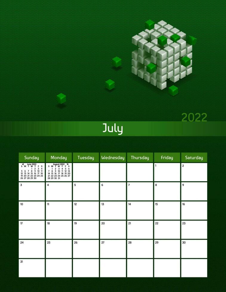 Us letter paper size vector futuristic monthly planner calendar July 2022 week starts on Sunday. Vertical technology organizer, habit tracker with blockchain cubes. Colorful modern illustration.