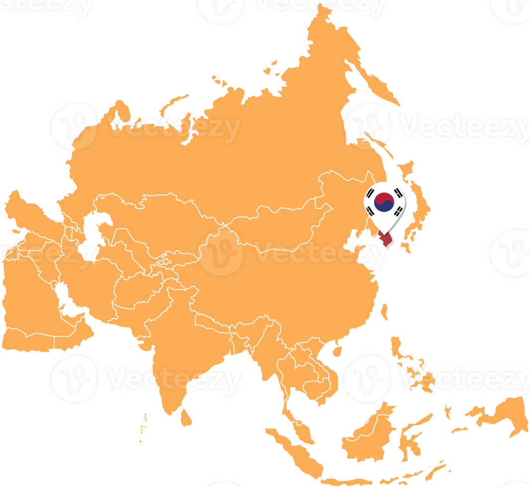 South Korea map in Asia, Icons showing South Korea location and flags. png