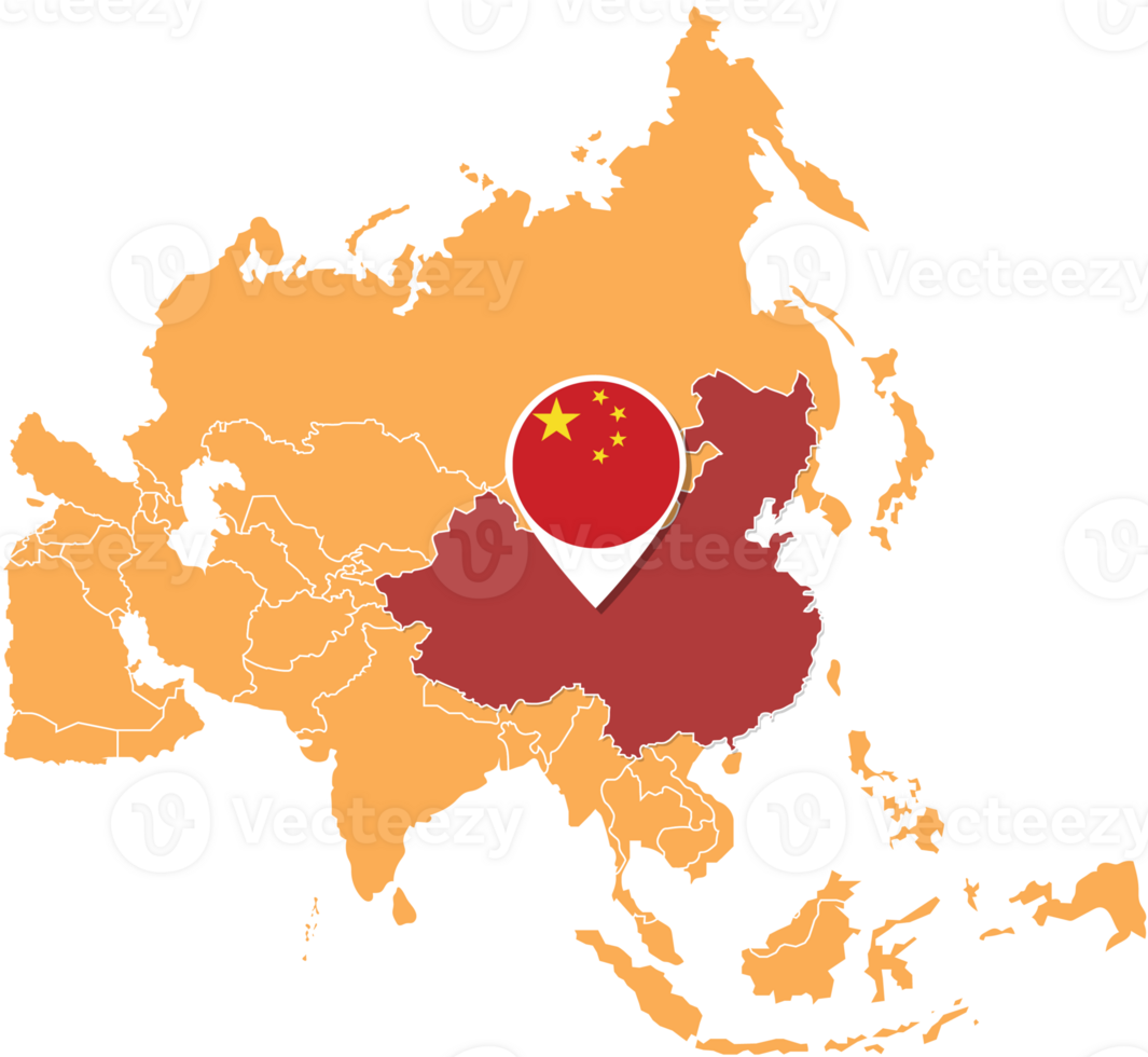 China kaart in Azië, pictogrammen tonen China plaats en vlaggen. png