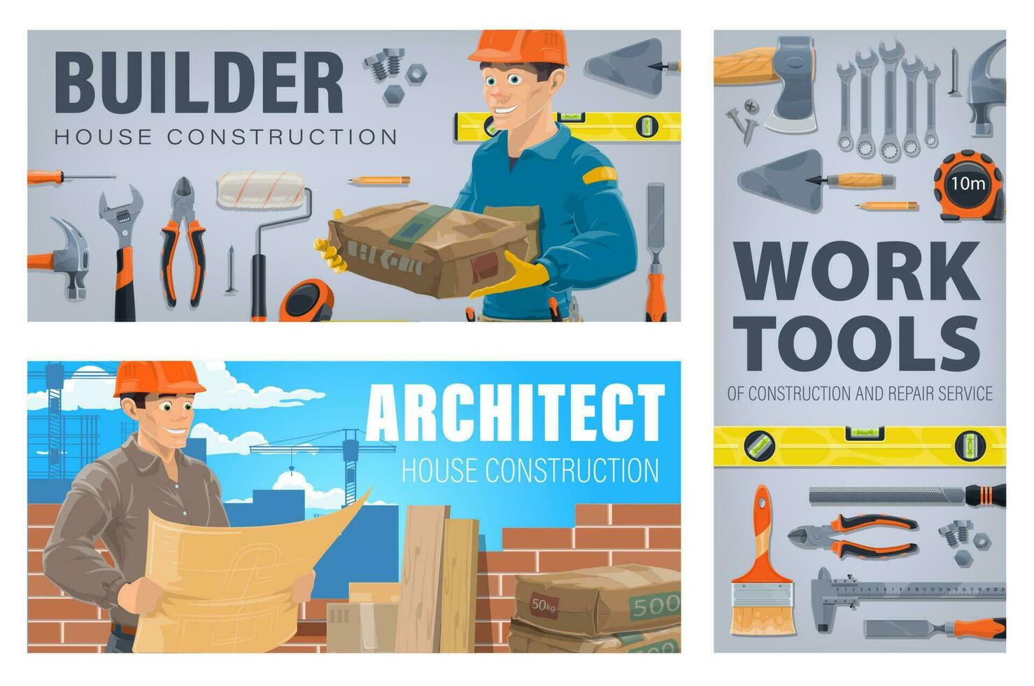 House construction workers and tools vector banner