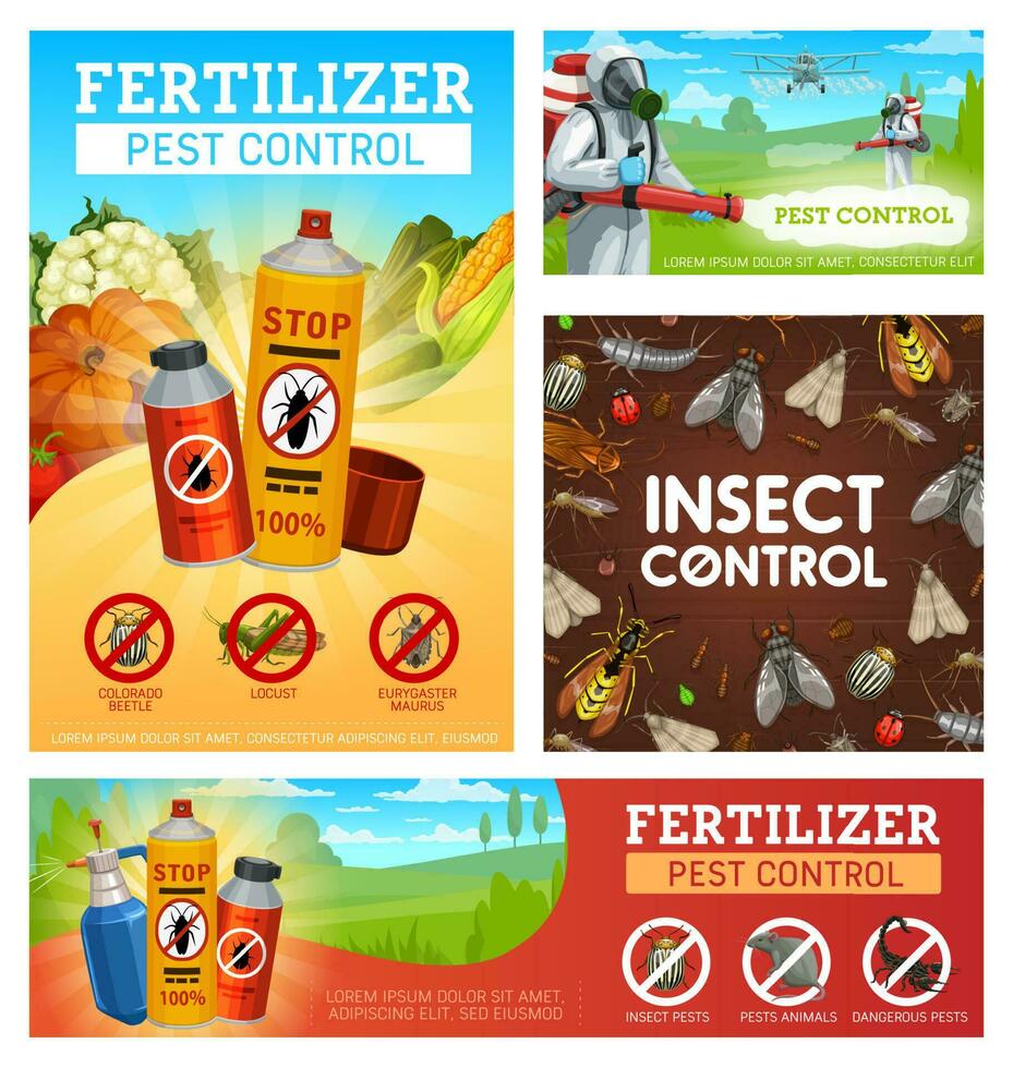 Fertilizer pest control, disinsection posters set vector